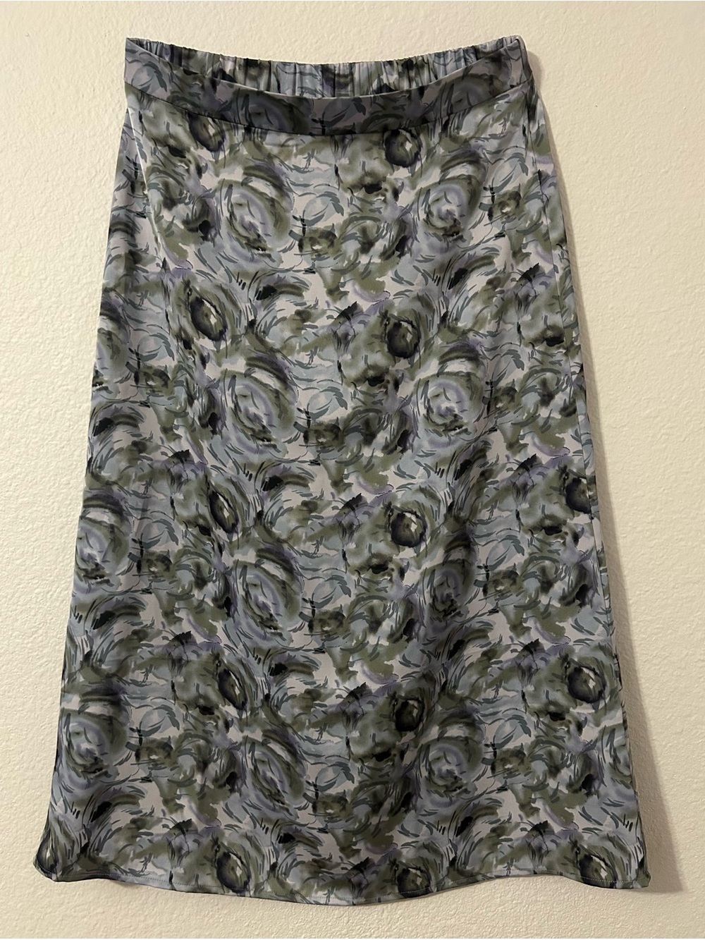 DownEast Green and Gray A-Line Midi Skirt with Abstract Floral Print